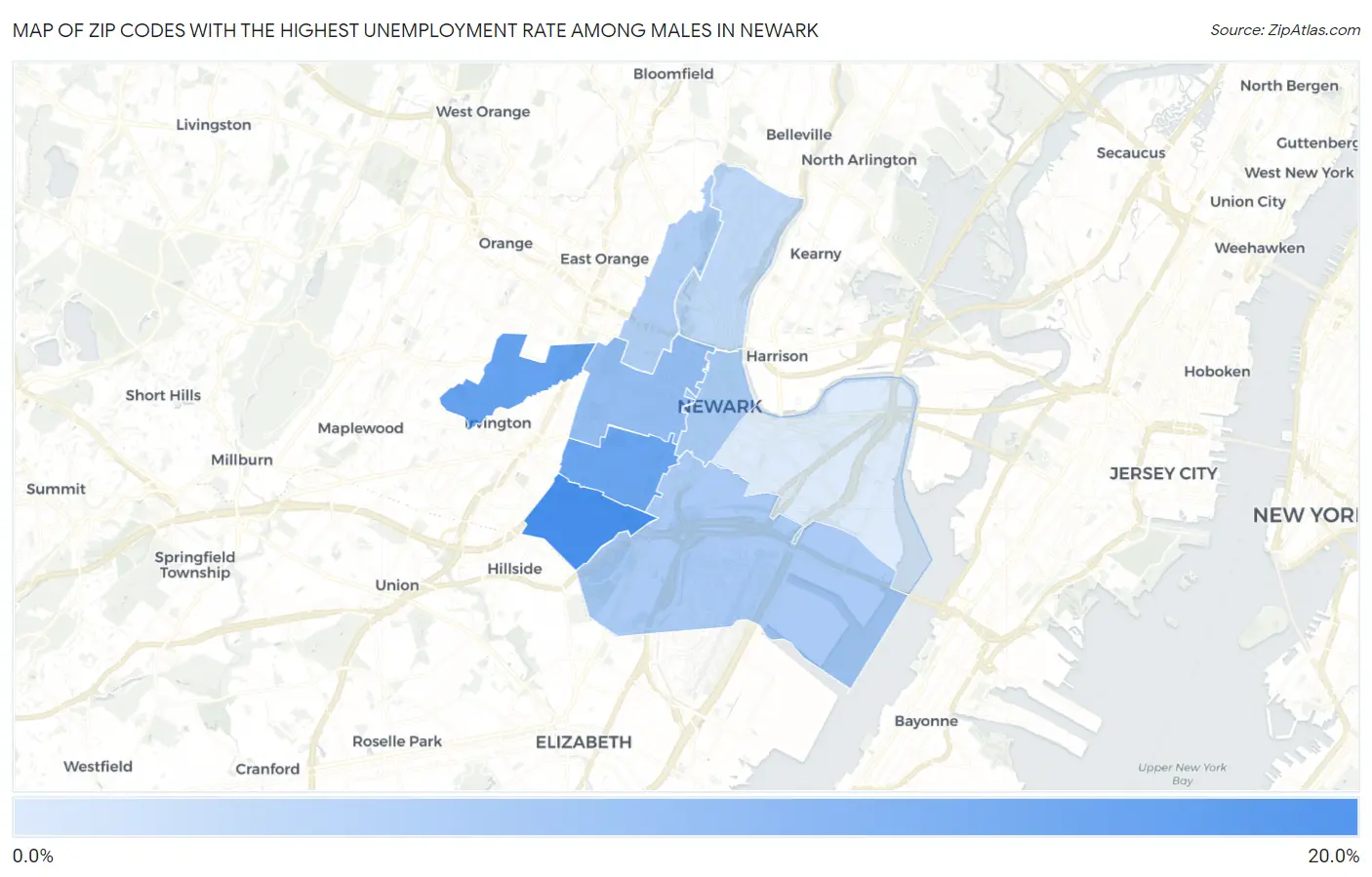 Zip Codes with the Highest Unemployment Rate Among Males in Newark Map