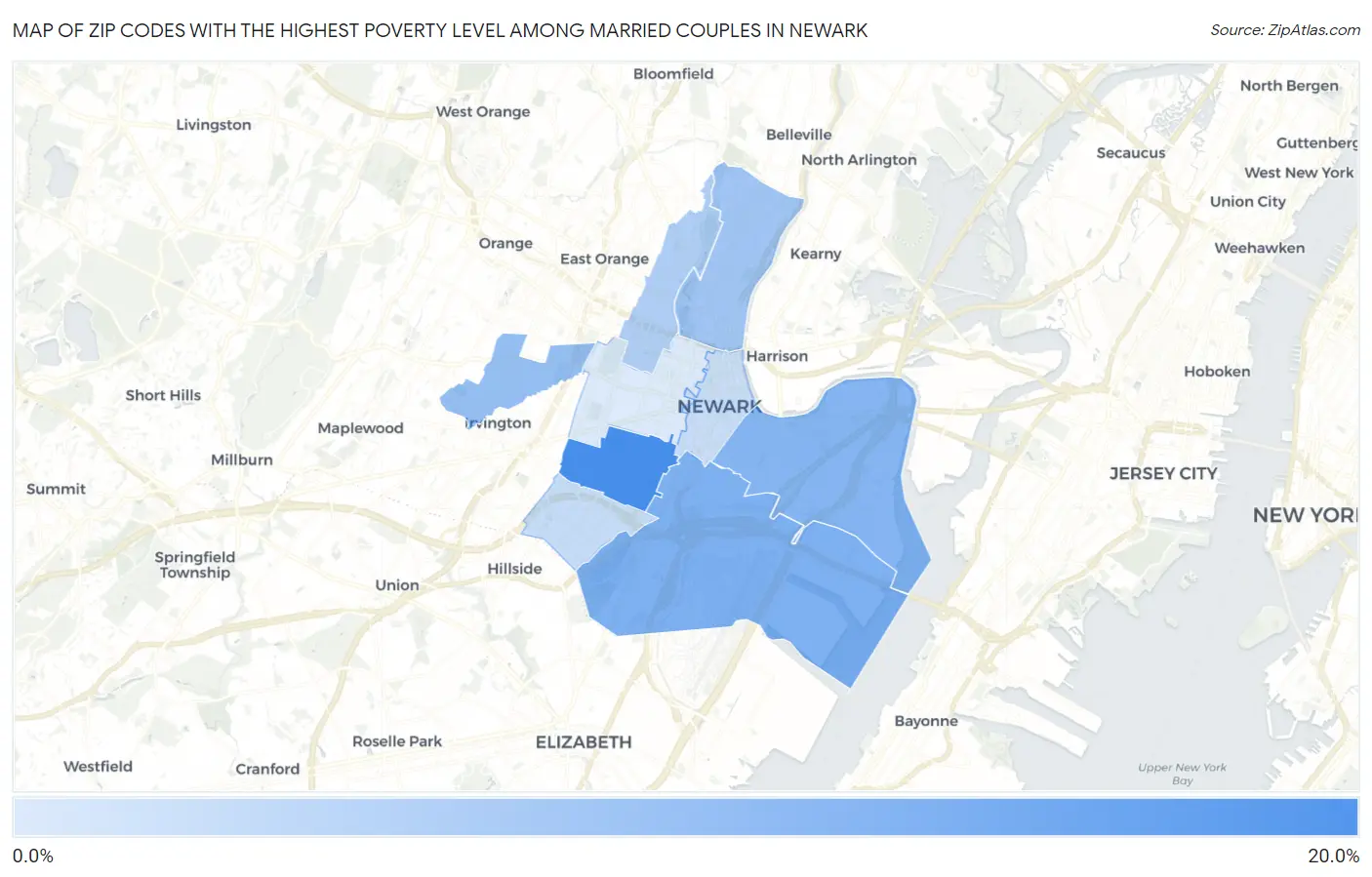 Zip Codes with the Highest Poverty Level Among Married Couples in Newark Map
