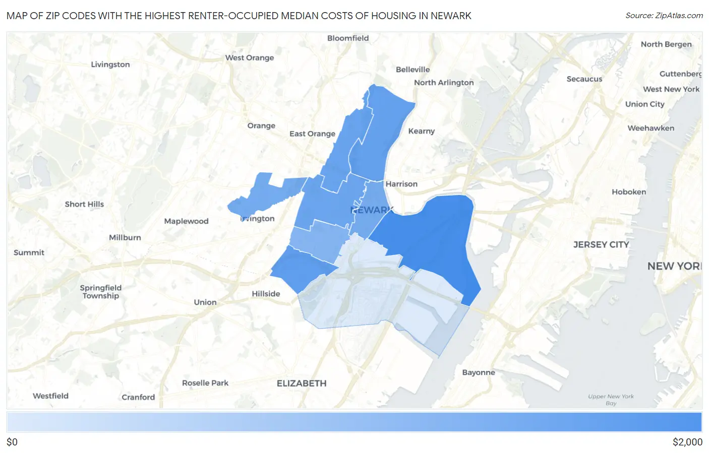 Zip Codes with the Highest Renter-Occupied Median Costs of Housing in Newark Map