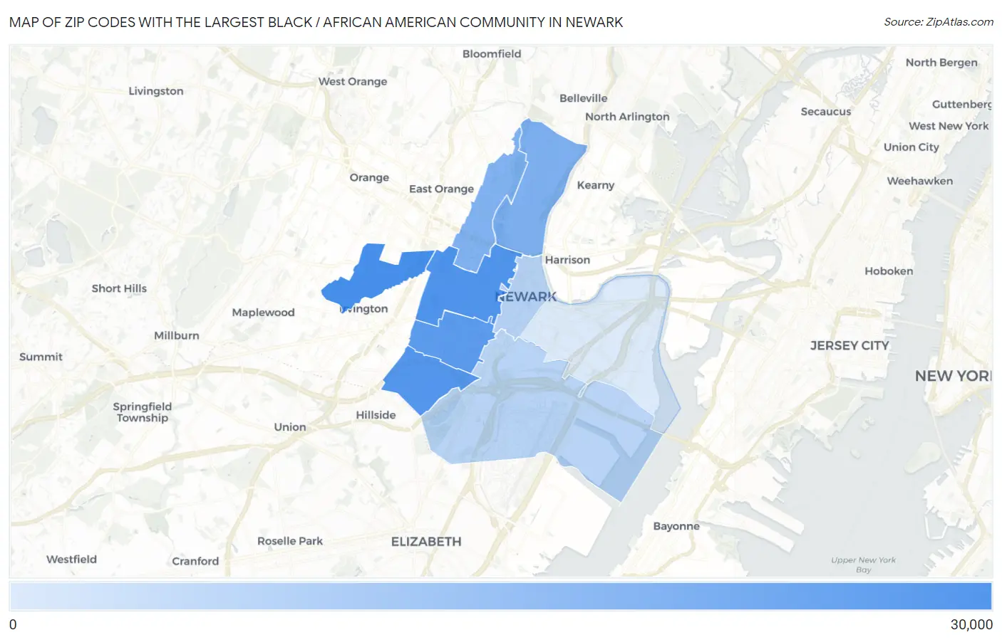 Zip Codes with the Largest Black / African American Community in Newark Map