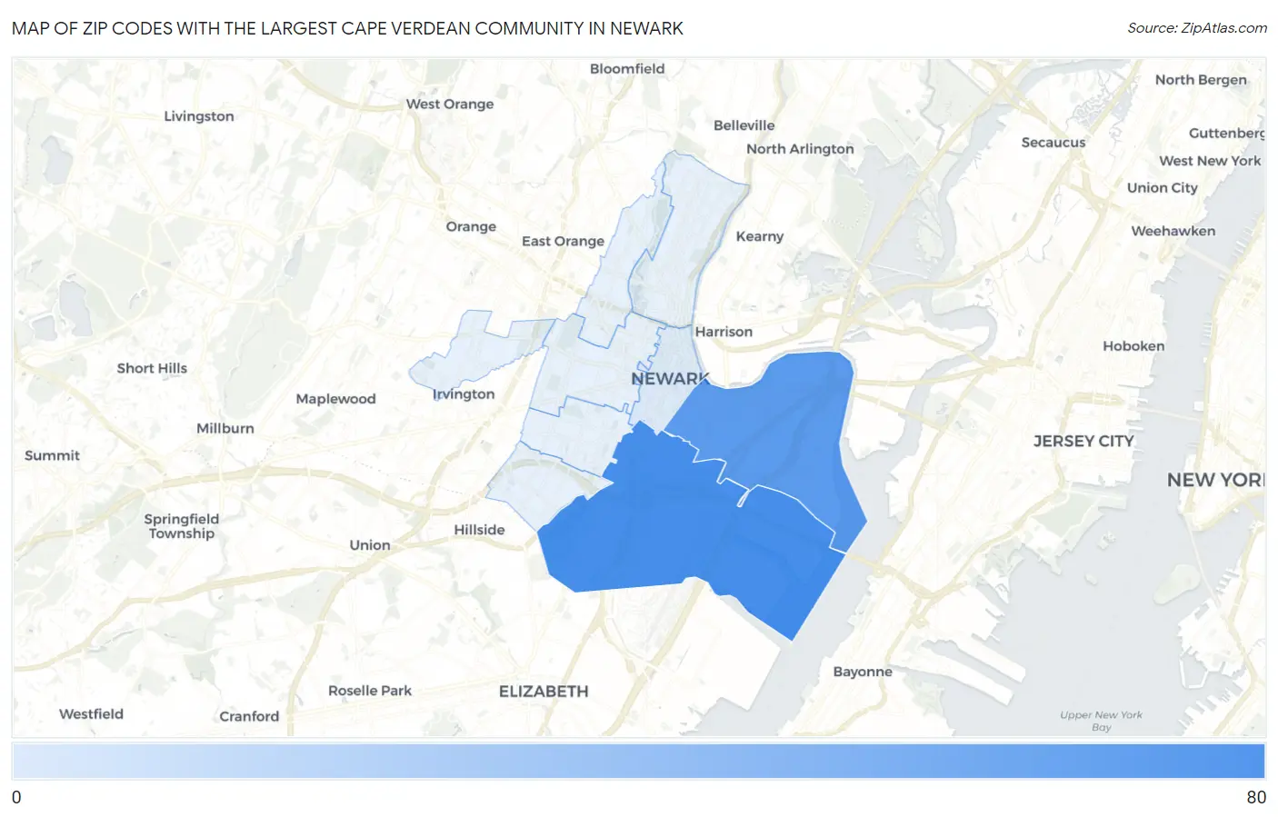 Zip Codes with the Largest Cape Verdean Community in Newark Map