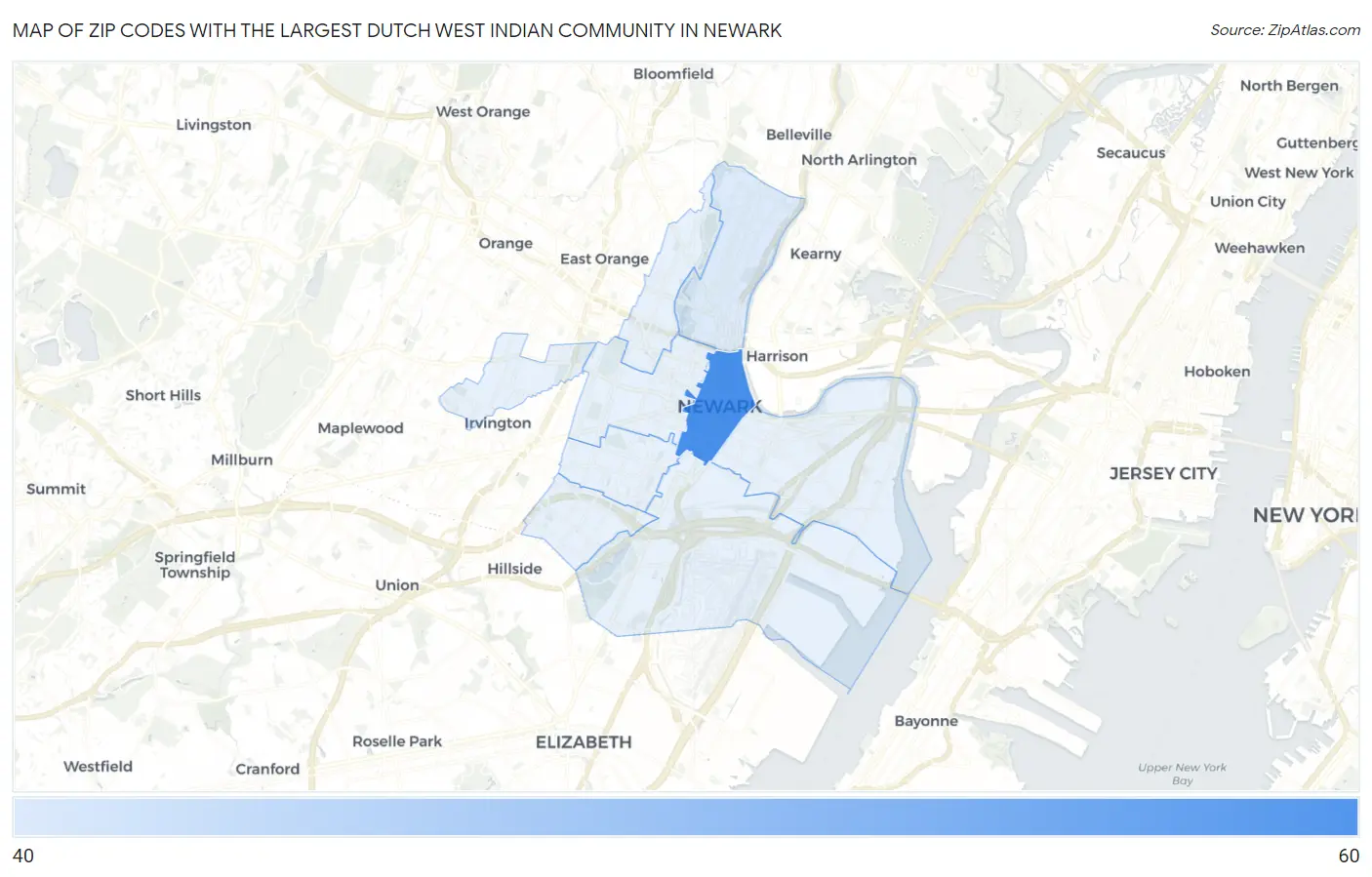 Zip Codes with the Largest Dutch West Indian Community in Newark Map