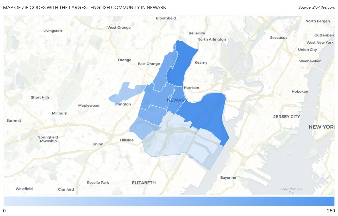 Zip Codes with the Largest English Community in Newark Map