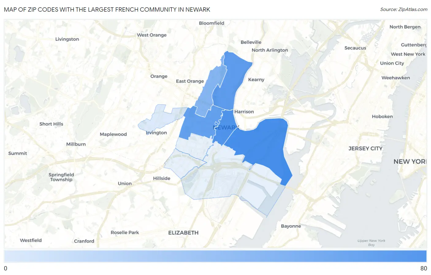 Zip Codes with the Largest French Community in Newark Map