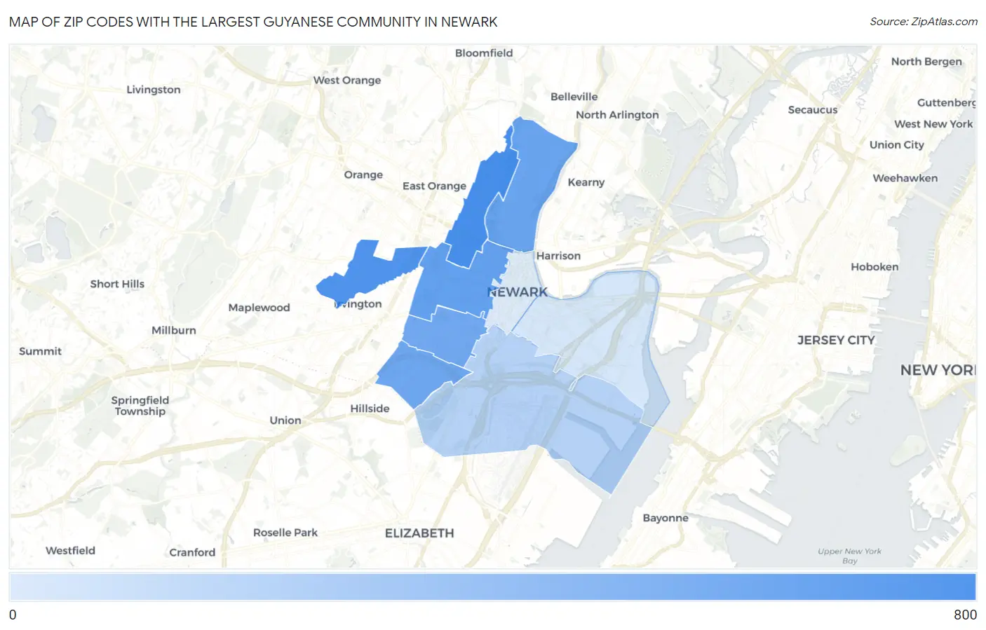 Zip Codes with the Largest Guyanese Community in Newark Map