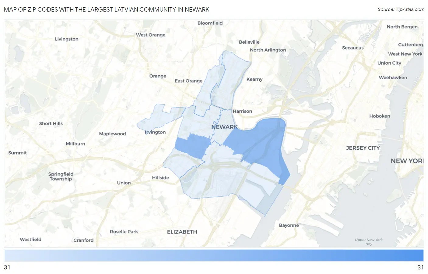 Zip Codes with the Largest Latvian Community in Newark Map