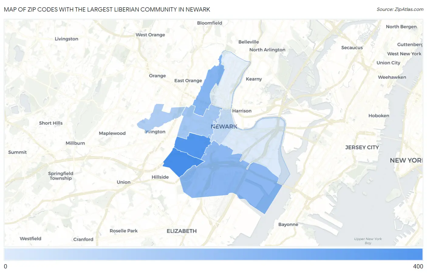 Zip Codes with the Largest Liberian Community in Newark Map