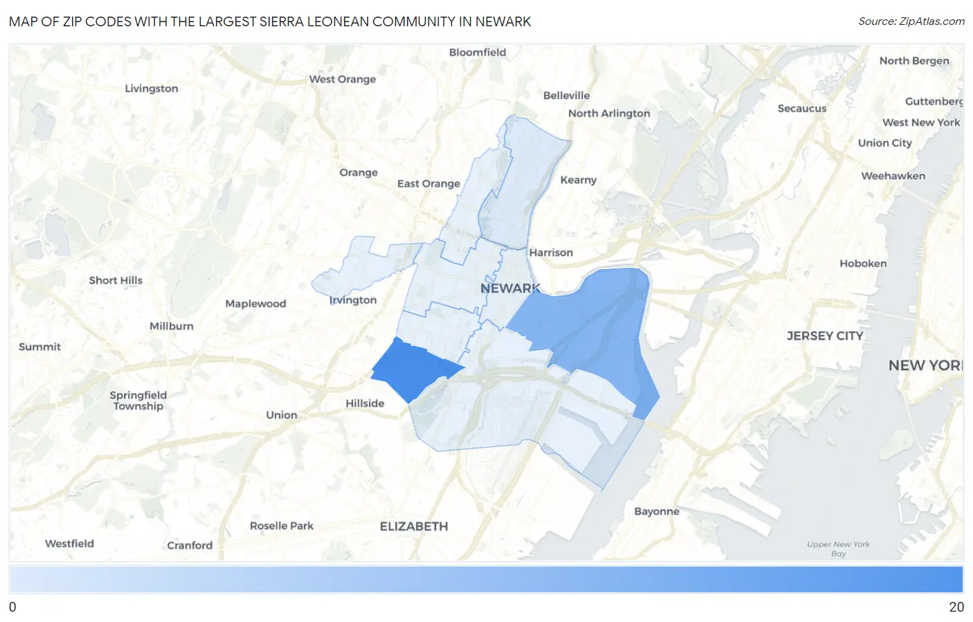Zip Codes with the Largest Sierra Leonean Community in Newark Map