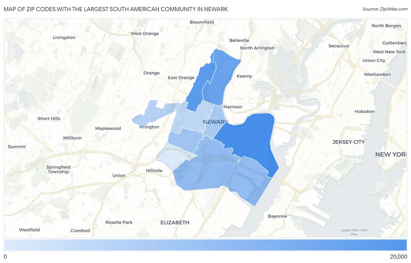 Zip Codes with the Largest South American Community in Newark Map