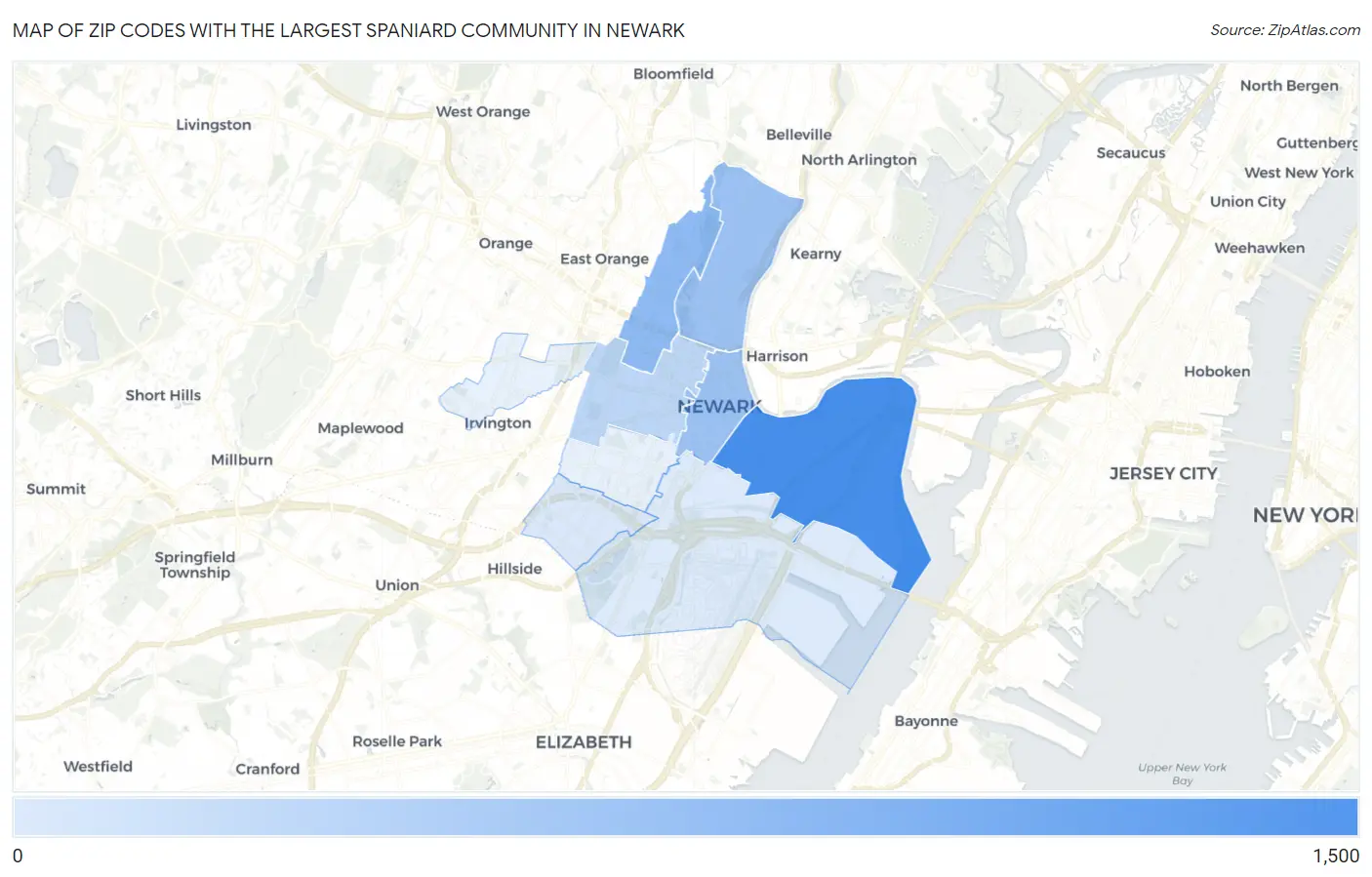 Zip Codes with the Largest Spaniard Community in Newark Map