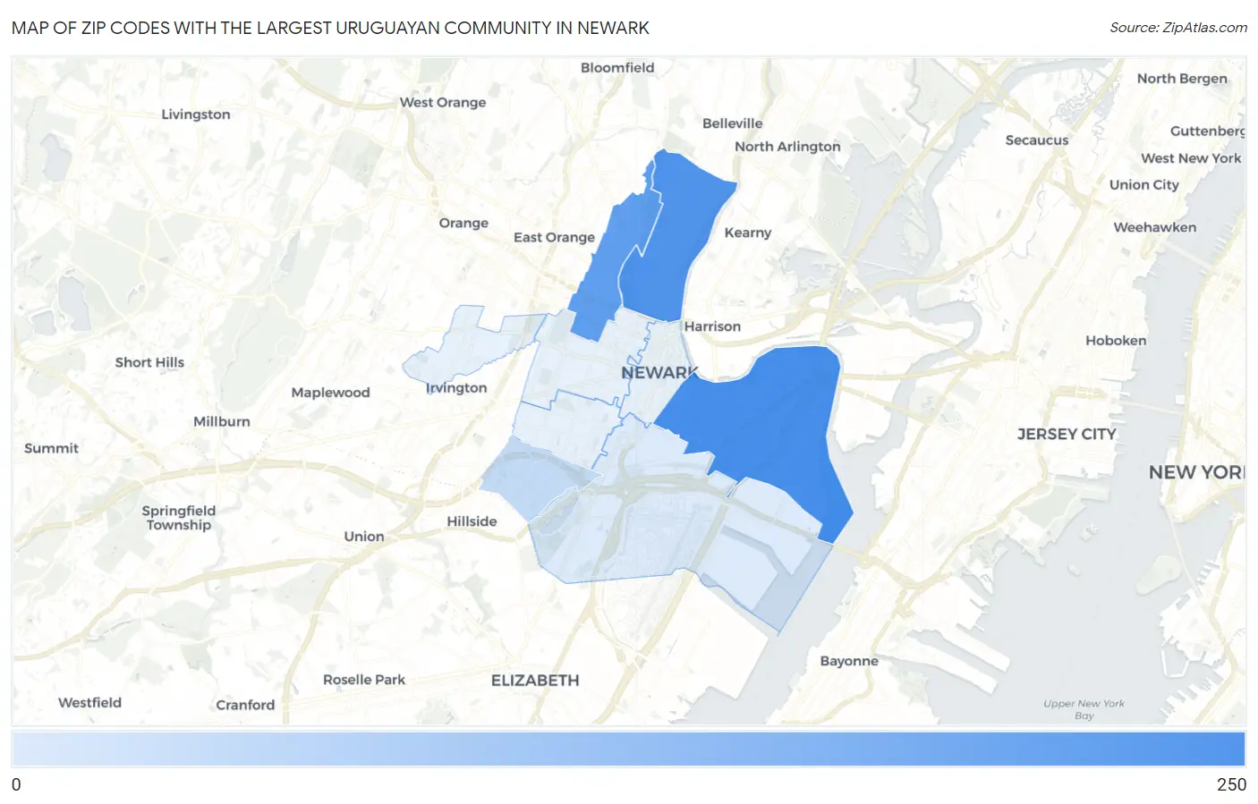 Zip Codes with the Largest Uruguayan Community in Newark Map