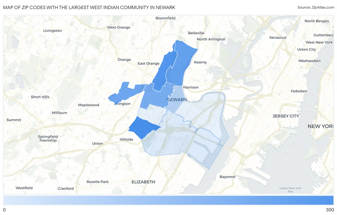 Zip Codes with the Largest West Indian Community in Newark Map