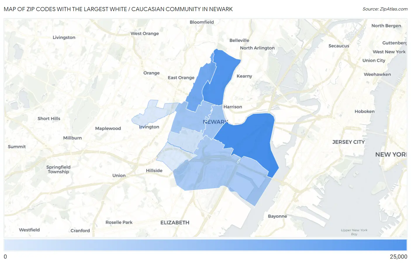 Zip Codes with the Largest White / Caucasian Community in Newark Map