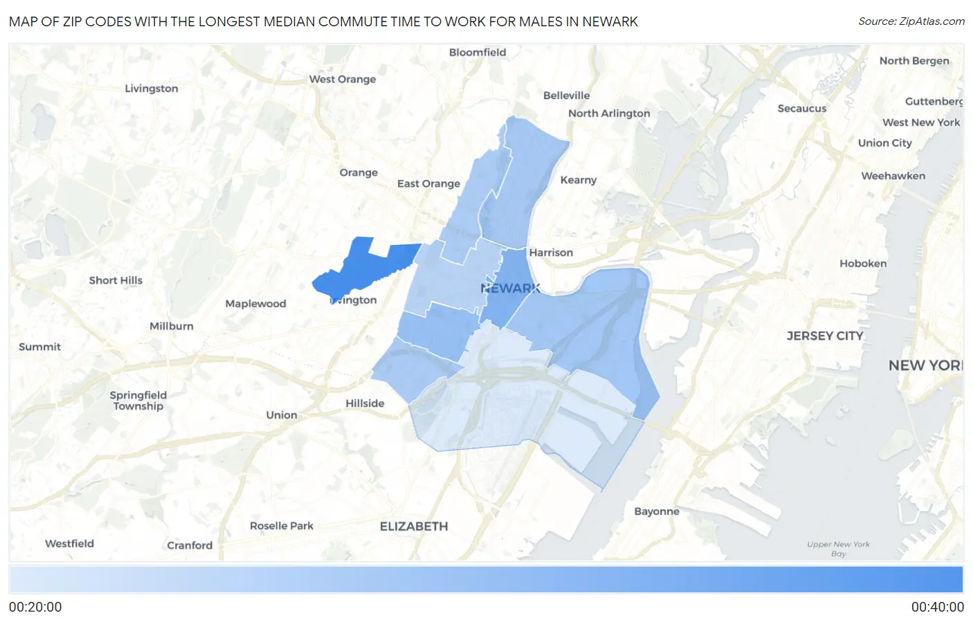Zip Codes with the Longest Median Commute Time to Work for Males in Newark Map