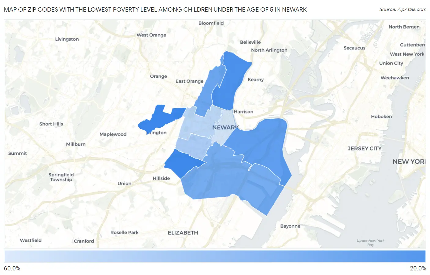 Zip Codes with the Lowest Poverty Level Among Children Under the Age of 5 in Newark Map
