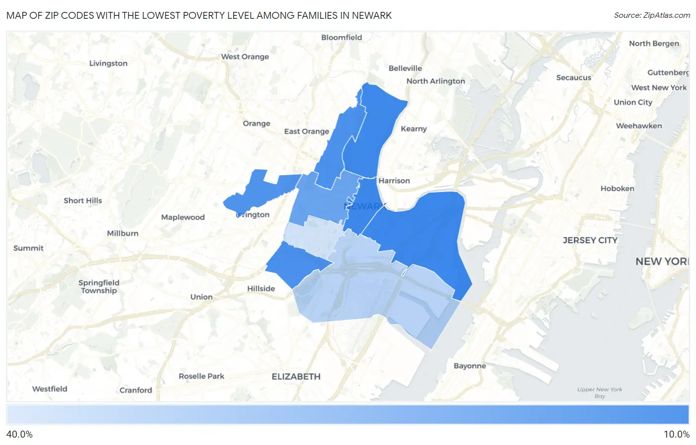 Zip Codes with the Lowest Poverty Level Among Families in Newark Map