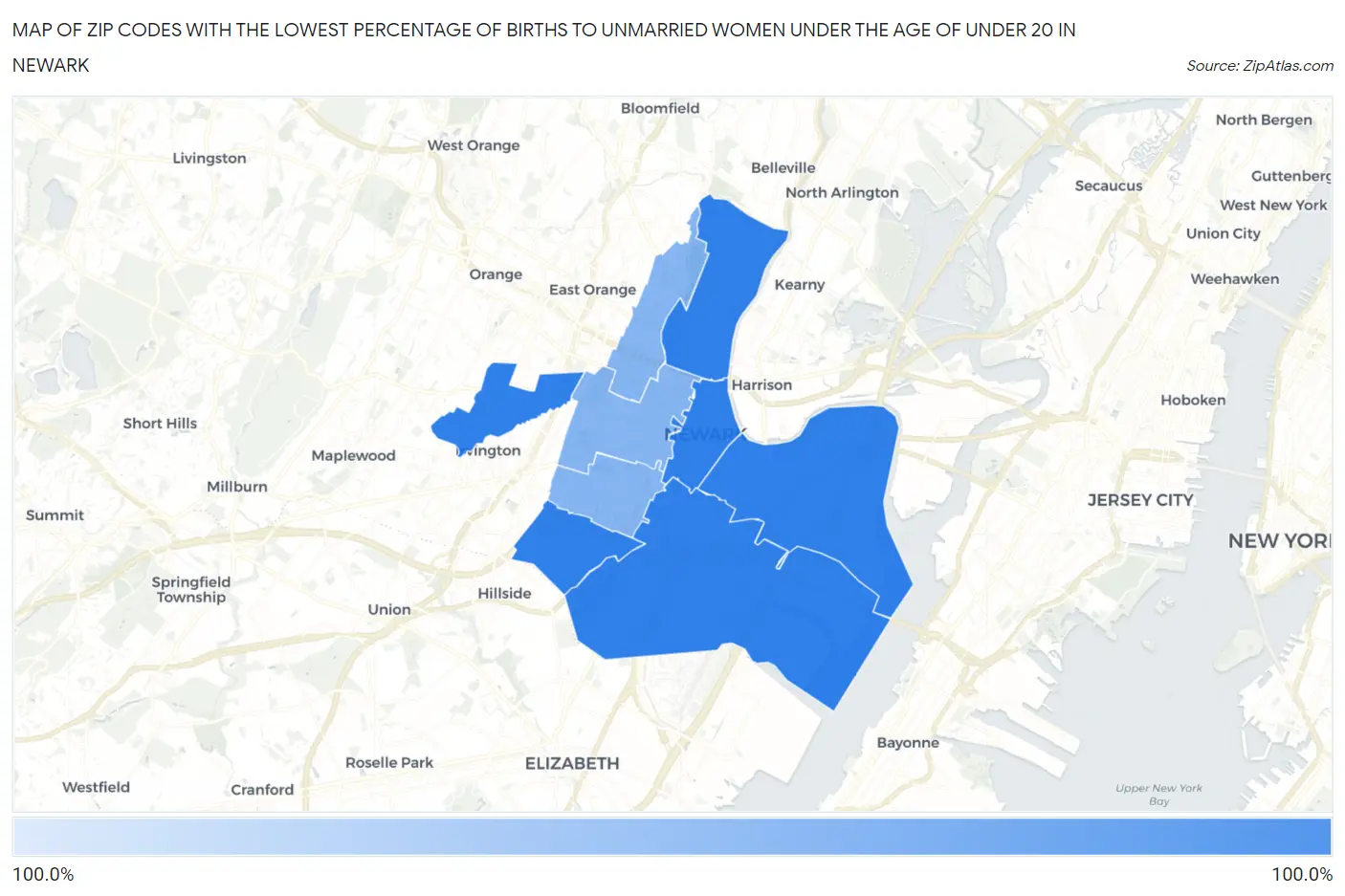 Zip Codes with the Lowest Percentage of Births to Unmarried Women under the Age of under 20 in Newark Map
