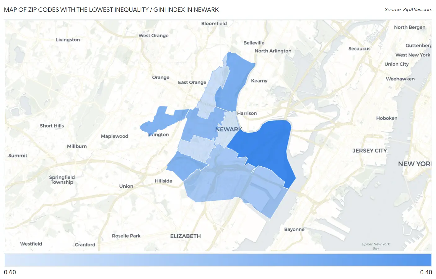 Zip Codes with the Lowest Inequality / Gini Index in Newark Map
