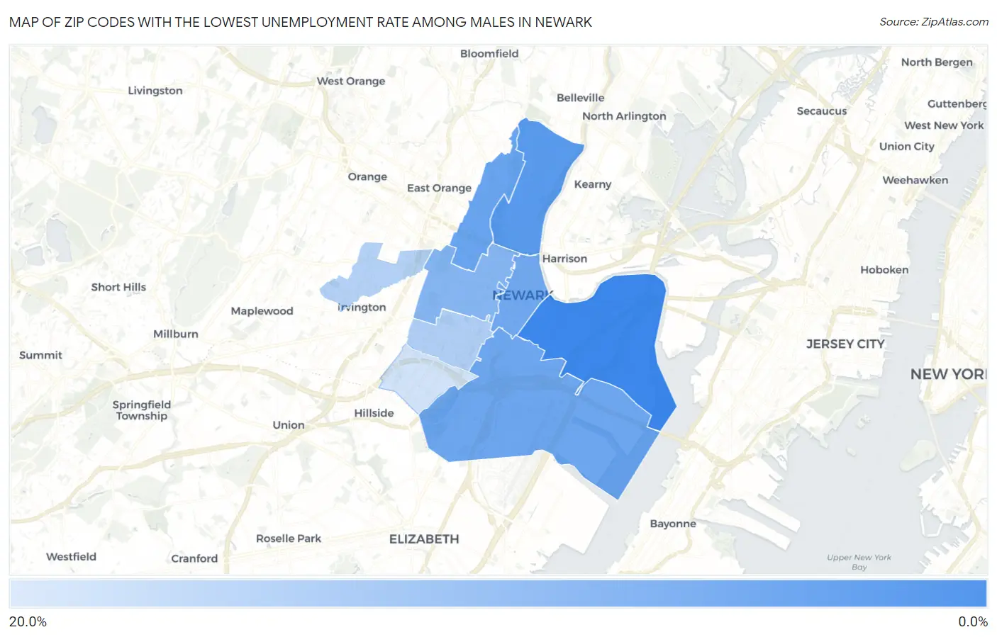 Zip Codes with the Lowest Unemployment Rate Among Males in Newark Map