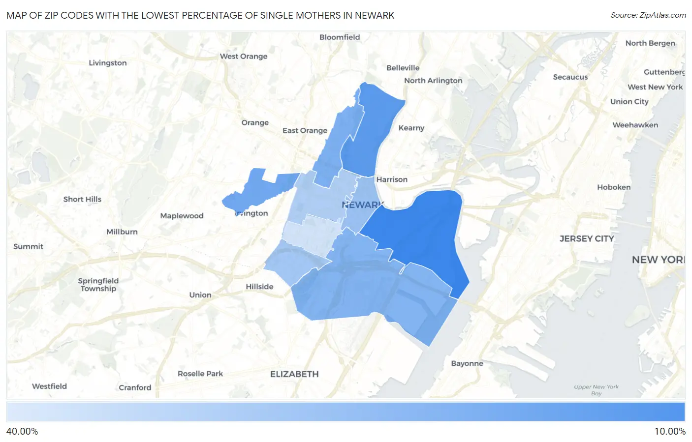 Zip Codes with the Lowest Percentage of Single Mothers in Newark Map