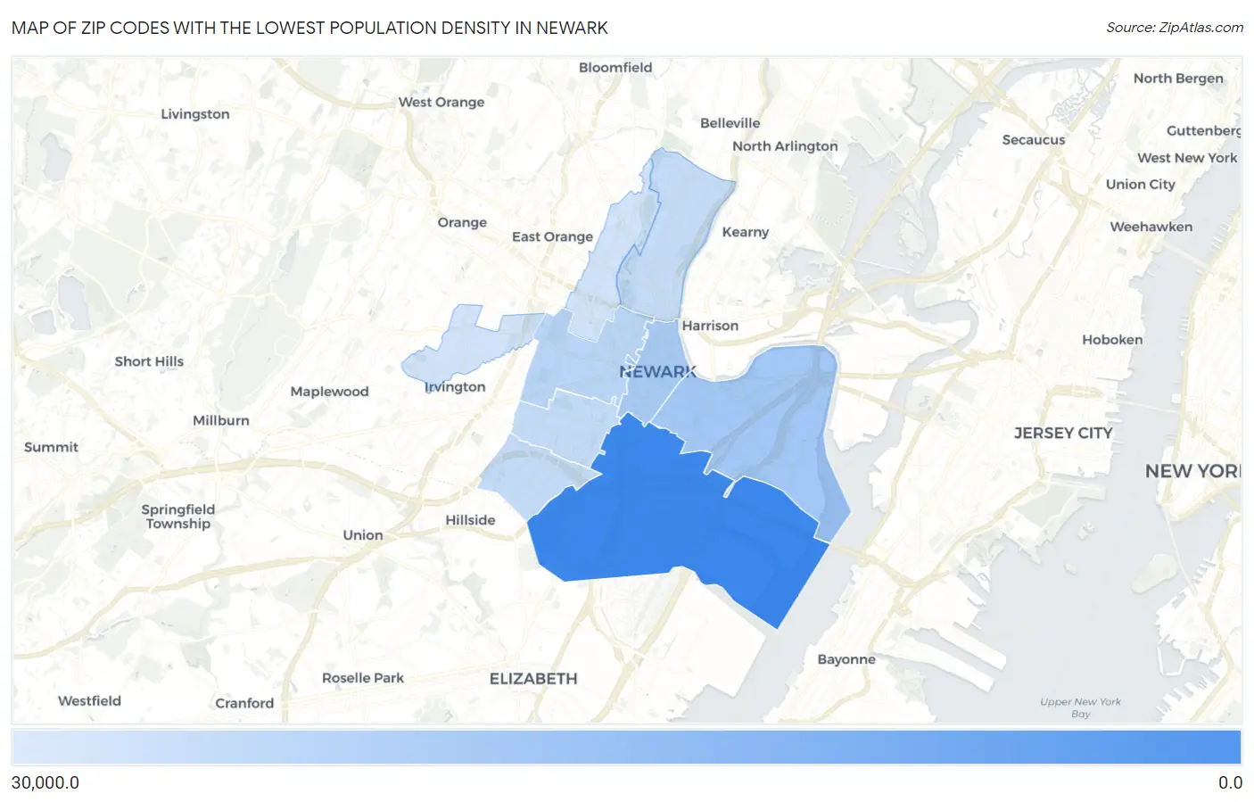 Zip Codes with the Lowest Population Density in Newark Map