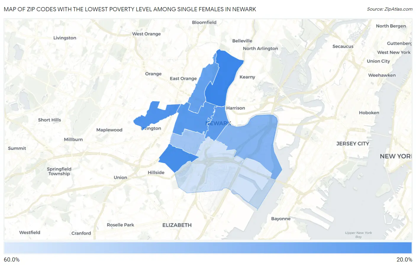 Zip Codes with the Lowest Poverty Level Among Single Females in Newark Map