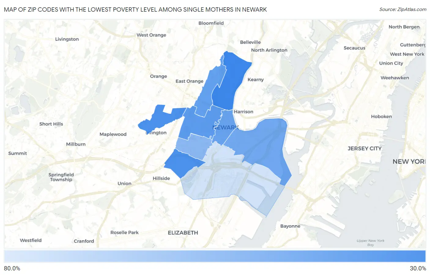 Zip Codes with the Lowest Poverty Level Among Single Mothers in Newark Map