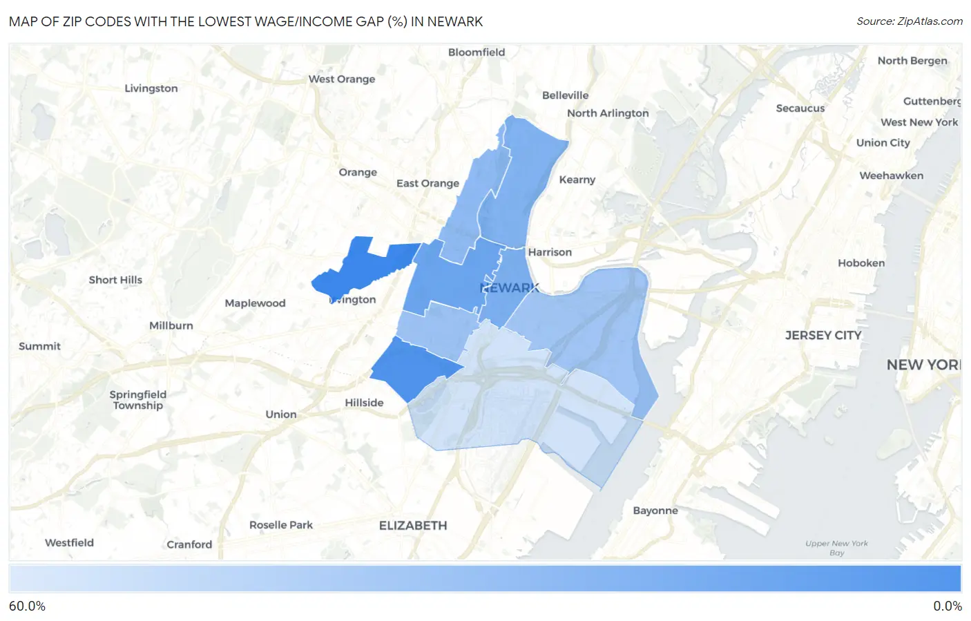 Zip Codes with the Lowest Wage/Income Gap (%) in Newark Map