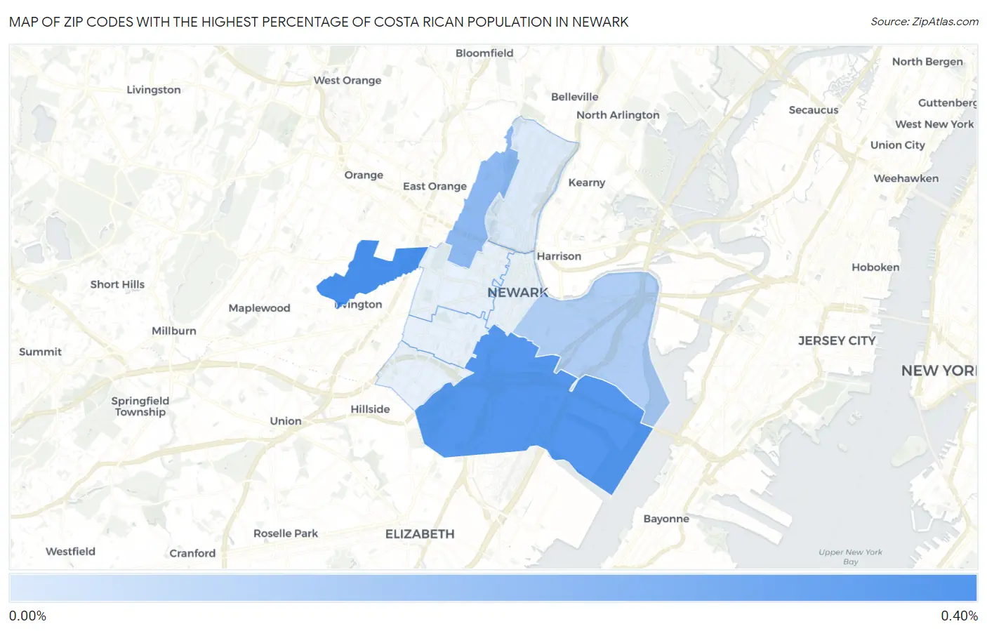Zip Codes with the Highest Percentage of Costa Rican Population in Newark Map