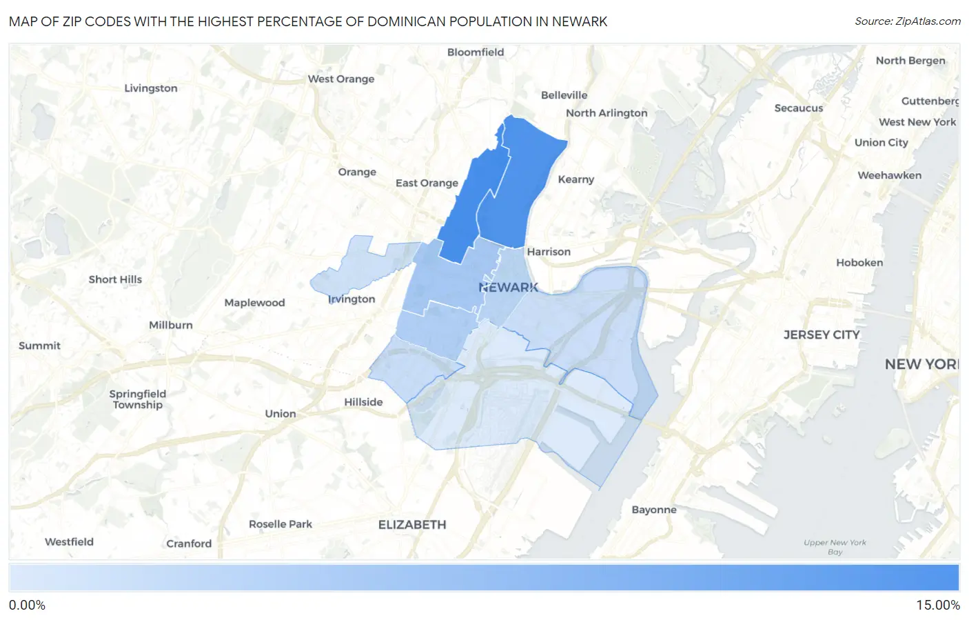 Zip Codes with the Highest Percentage of Dominican Population in Newark Map