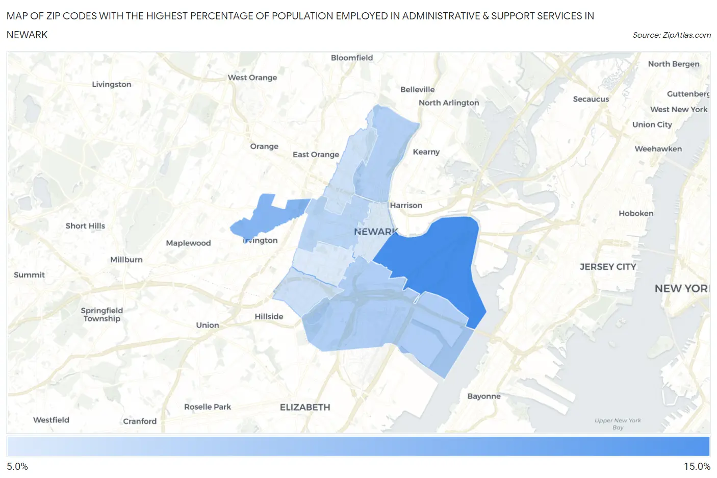 Zip Codes with the Highest Percentage of Population Employed in Administrative & Support Services in Newark Map