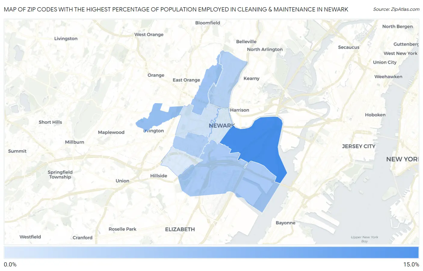 Zip Codes with the Highest Percentage of Population Employed in Cleaning & Maintenance in Newark Map
