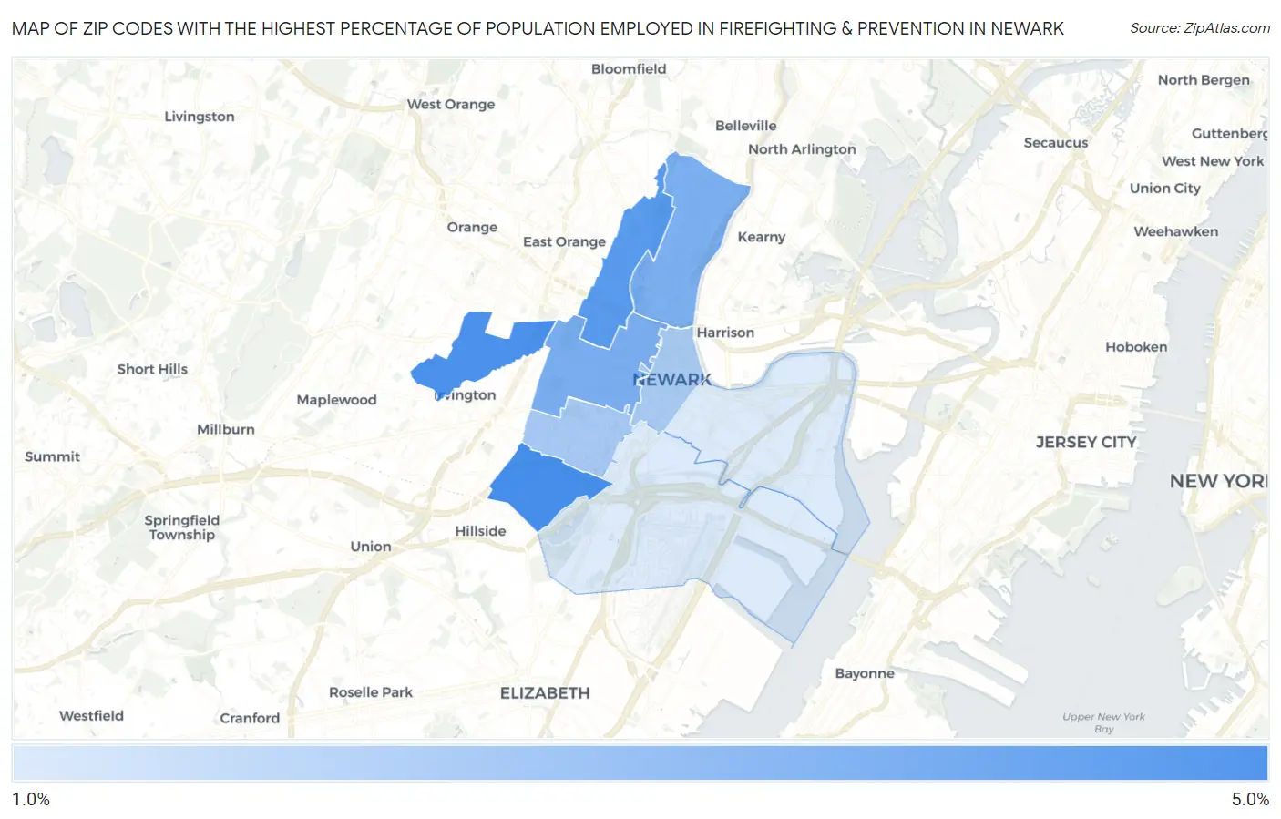 Zip Codes with the Highest Percentage of Population Employed in Firefighting & Prevention in Newark Map