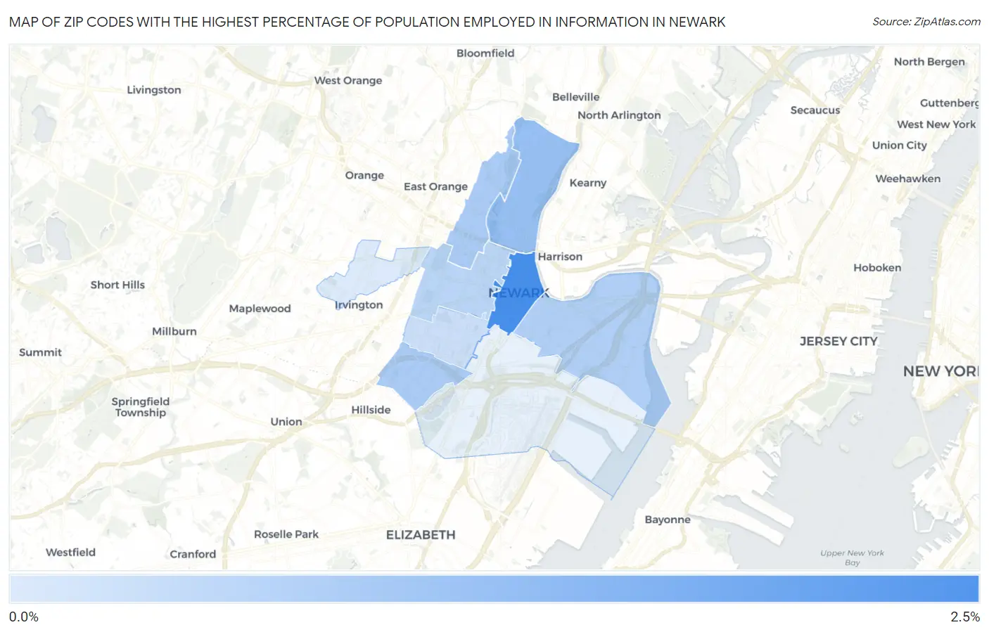 Zip Codes with the Highest Percentage of Population Employed in Information in Newark Map