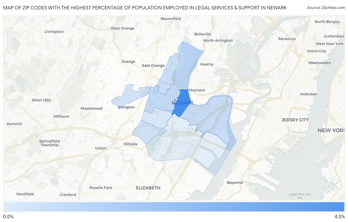Zip Codes with the Highest Percentage of Population Employed in Legal Services & Support in Newark Map