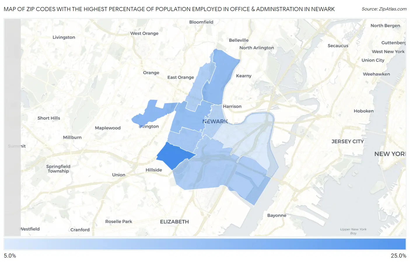 Zip Codes with the Highest Percentage of Population Employed in Office & Administration in Newark Map