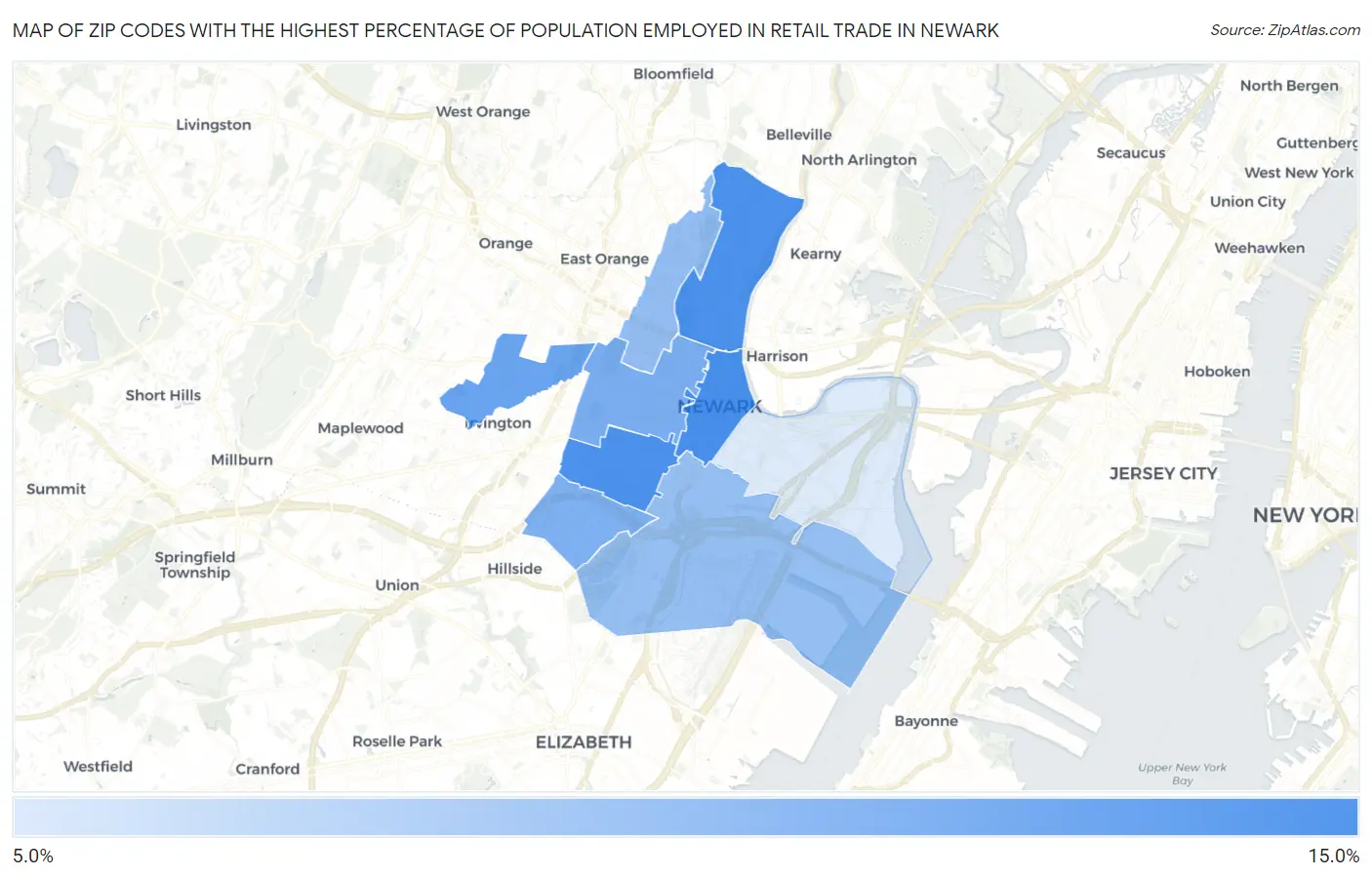 Zip Codes with the Highest Percentage of Population Employed in Retail Trade in Newark Map