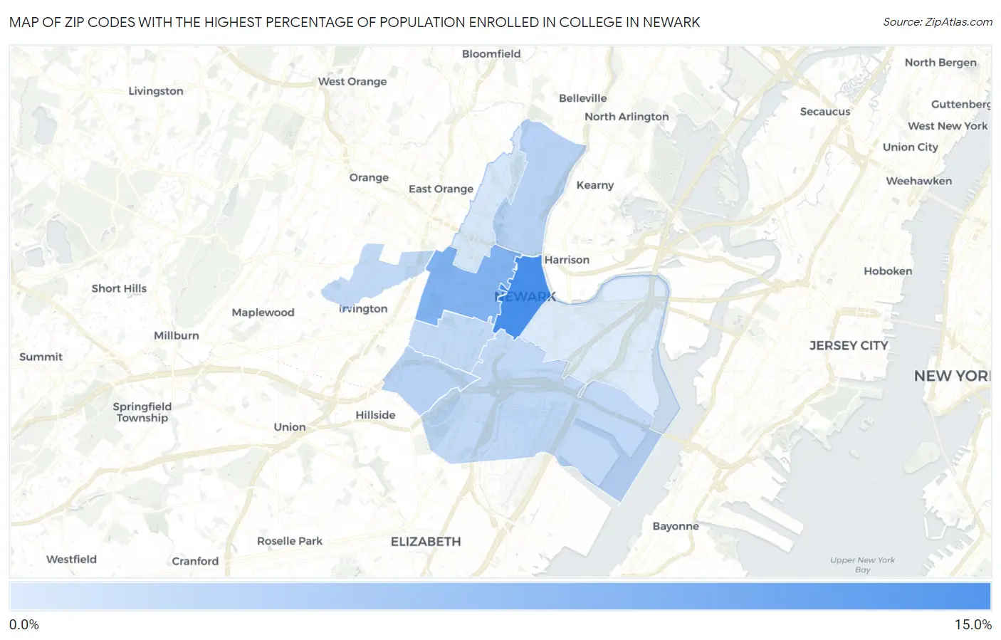 Zip Codes with the Highest Percentage of Population Enrolled in College in Newark Map
