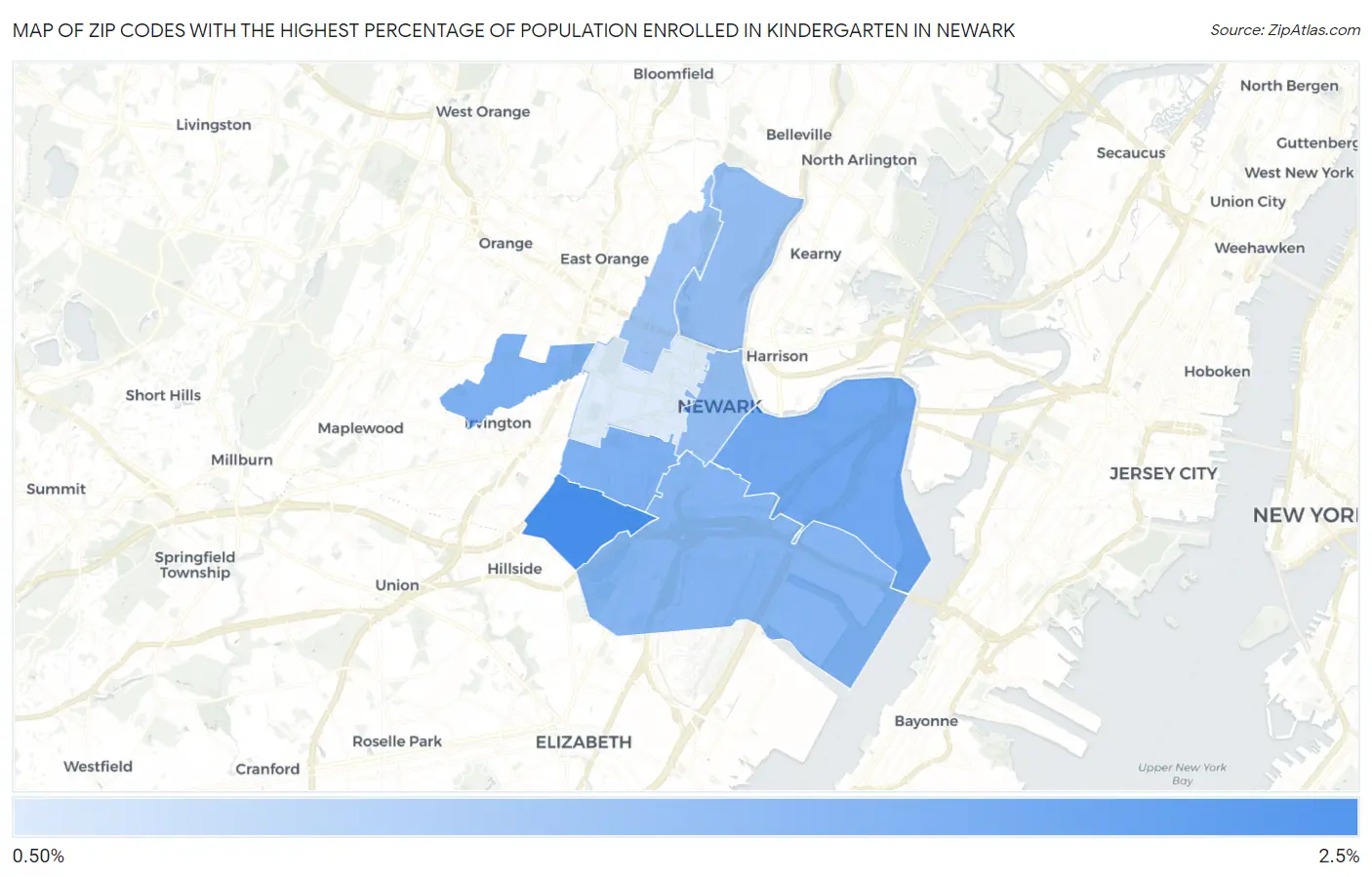Zip Codes with the Highest Percentage of Population Enrolled in Kindergarten in Newark Map