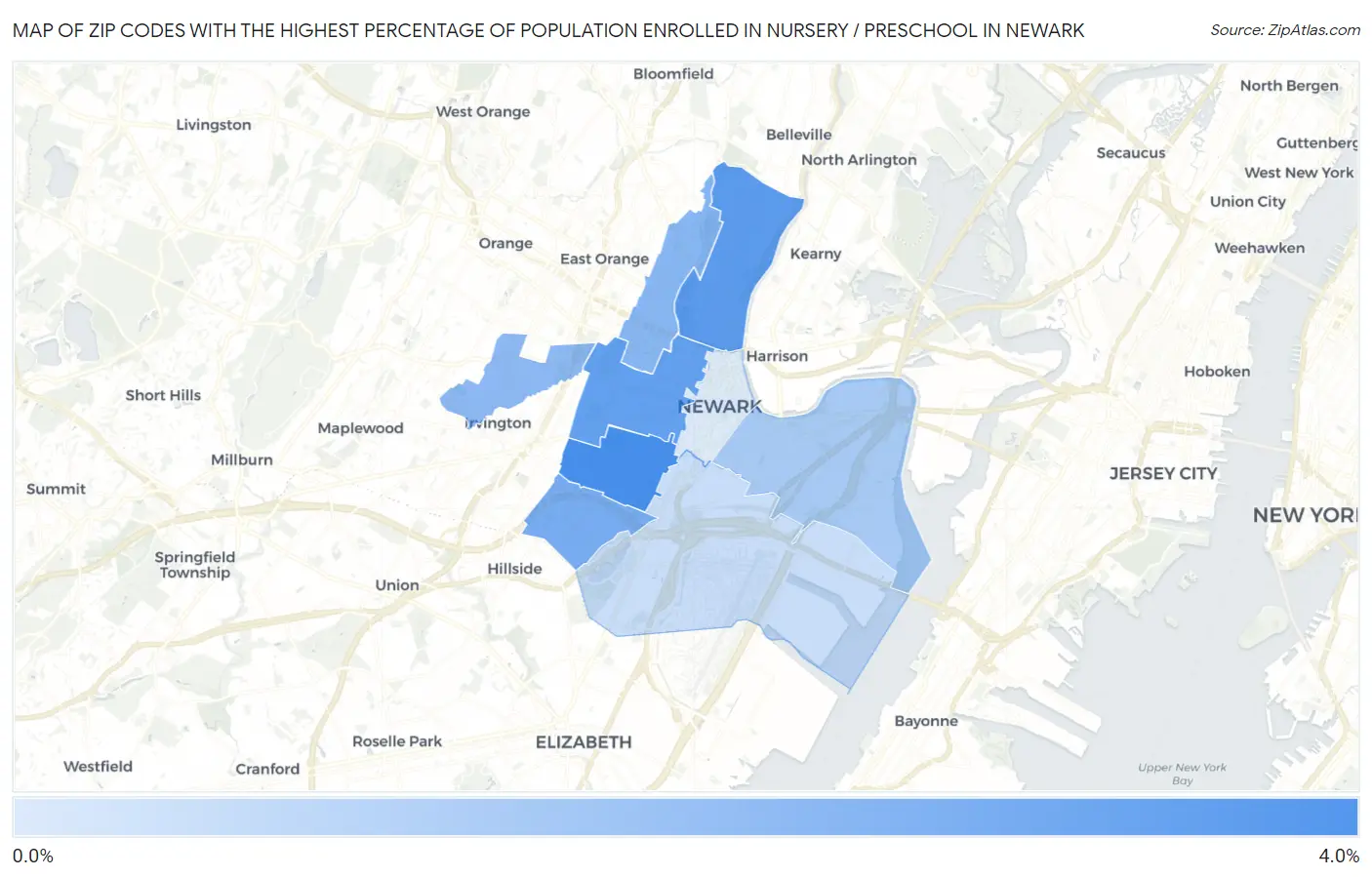 Zip Codes with the Highest Percentage of Population Enrolled in Nursery / Preschool in Newark Map