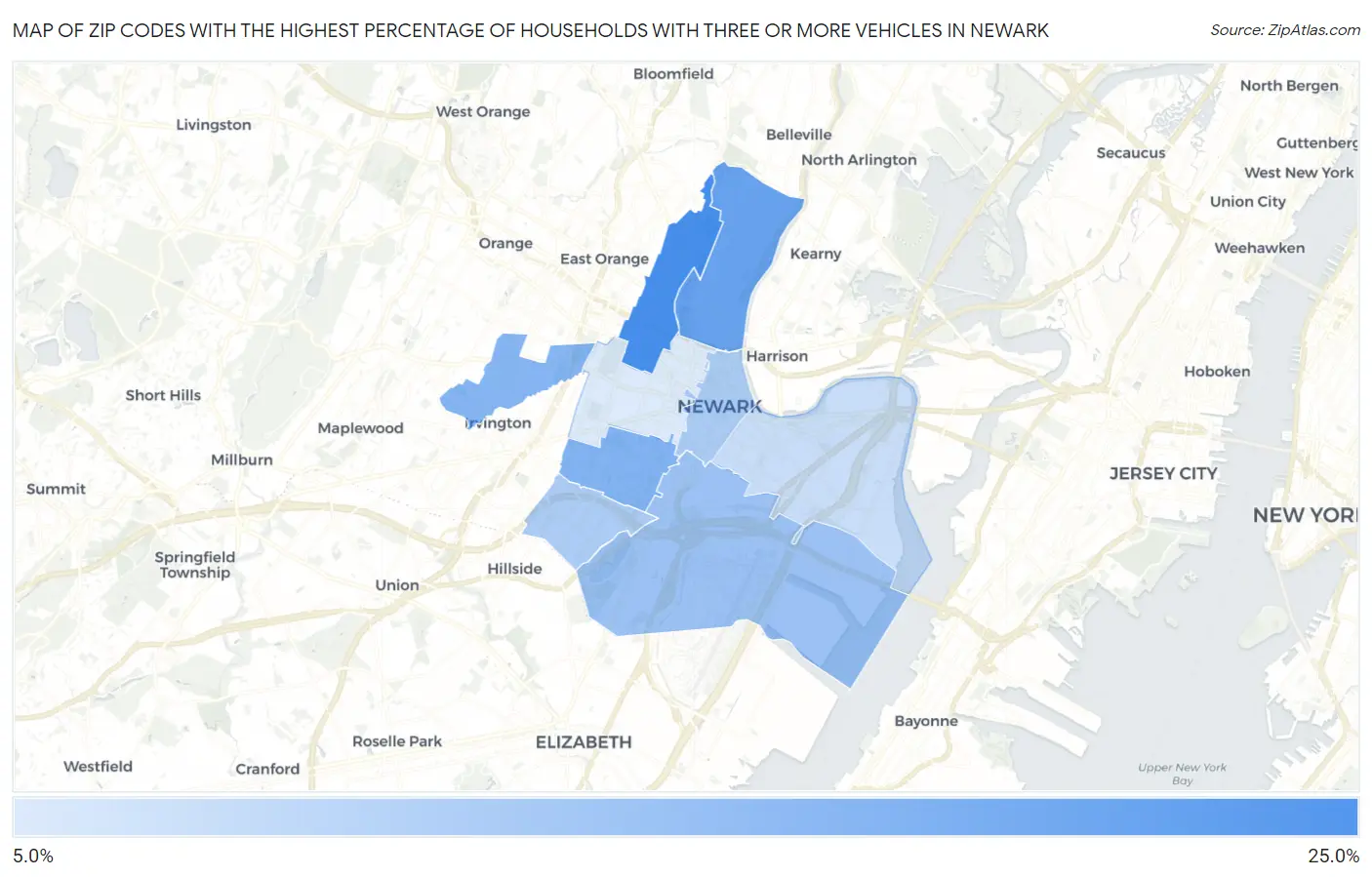 Zip Codes with the Highest Percentage of Households With Three or more Vehicles in Newark Map