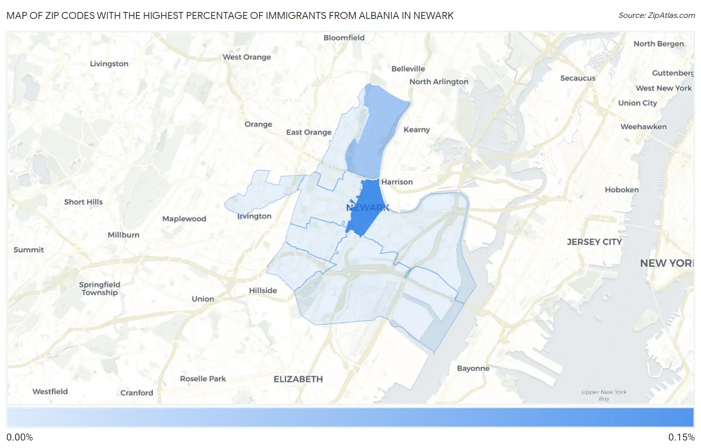 Zip Codes with the Highest Percentage of Immigrants from Albania in Newark Map