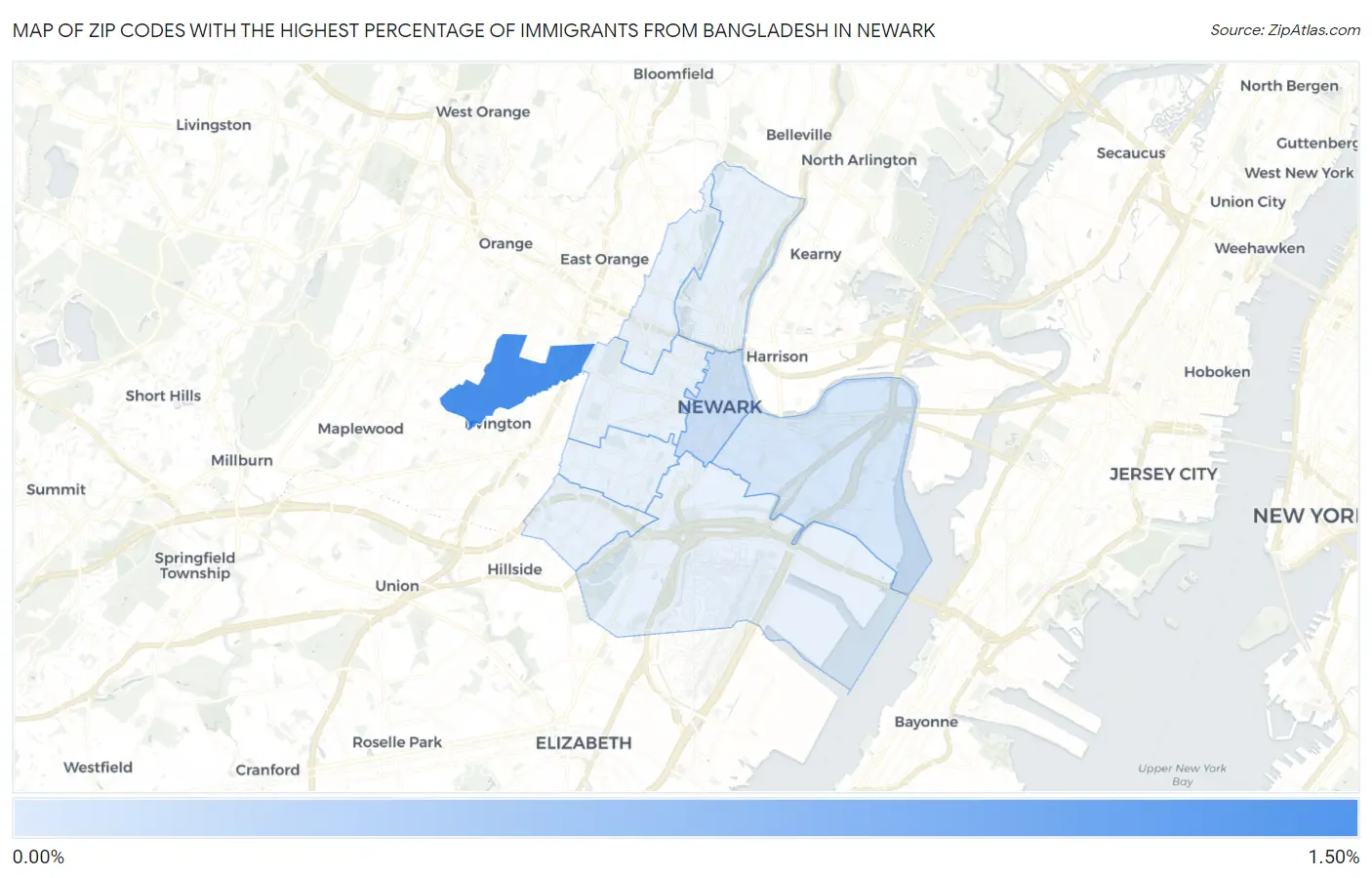 Zip Codes with the Highest Percentage of Immigrants from Bangladesh in Newark Map