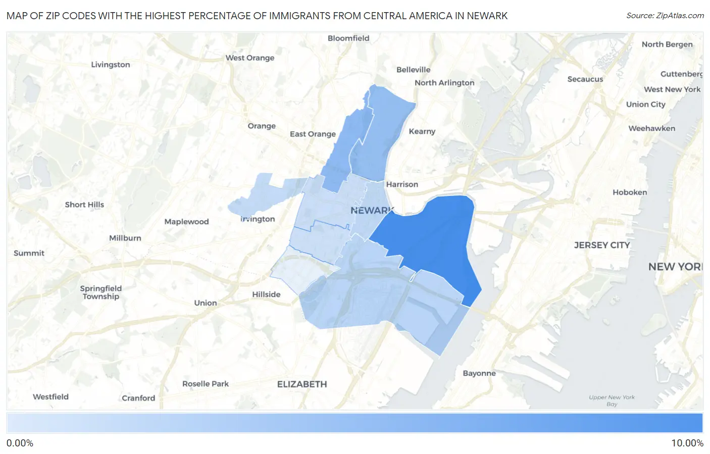 Zip Codes with the Highest Percentage of Immigrants from Central America in Newark Map
