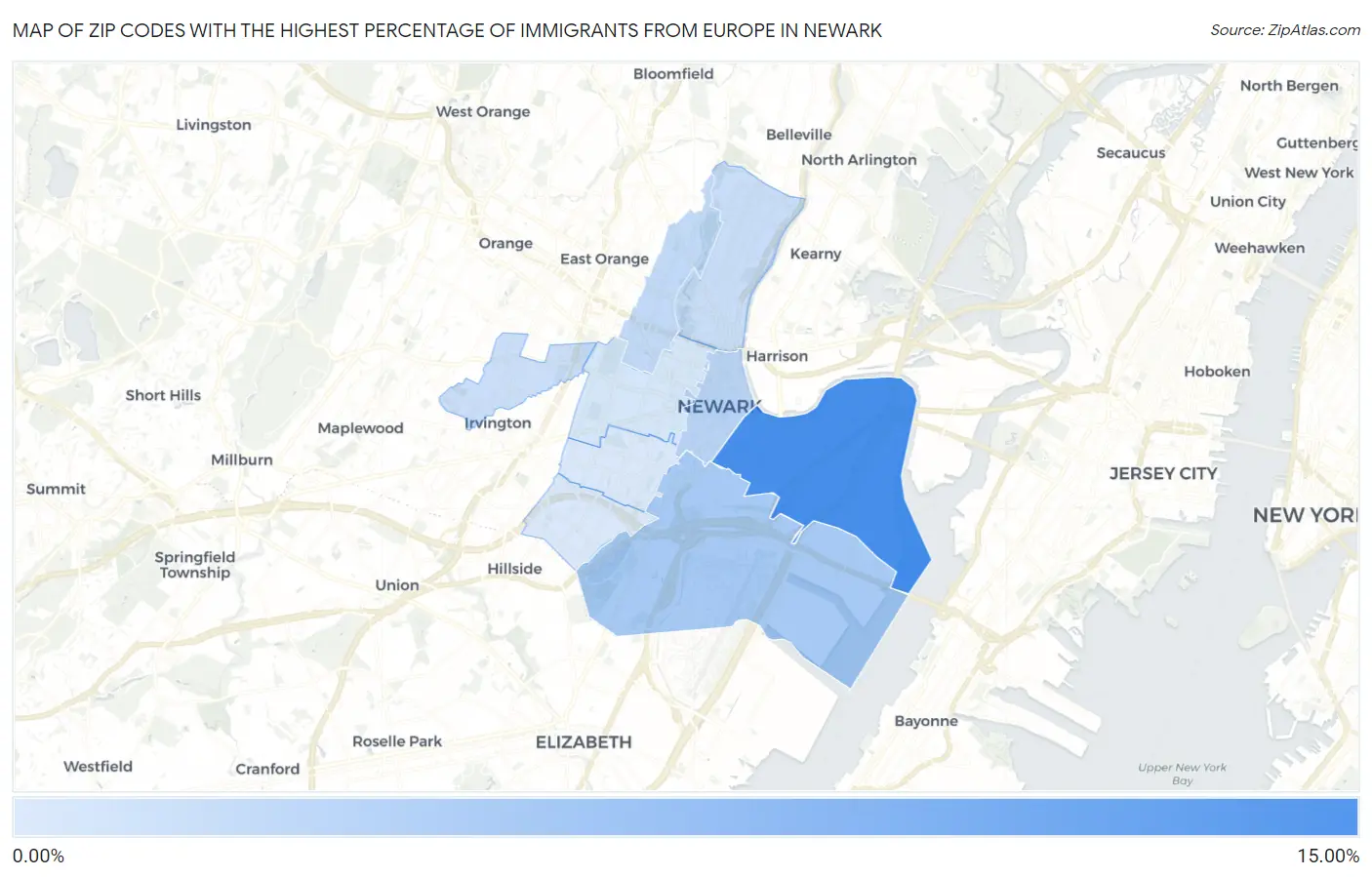 Zip Codes with the Highest Percentage of Immigrants from Europe in Newark Map