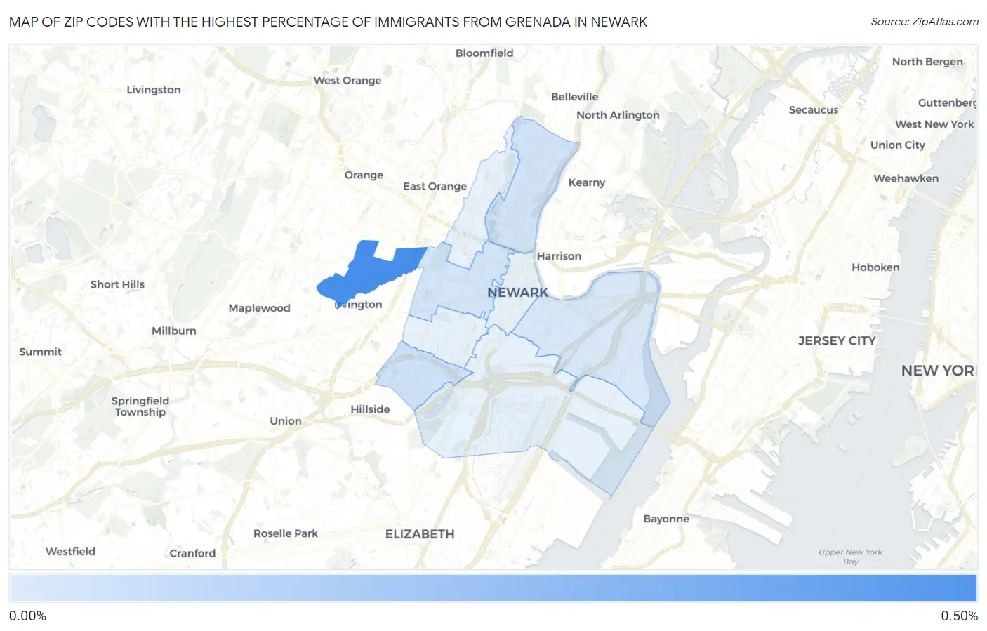 Zip Codes with the Highest Percentage of Immigrants from Grenada in Newark Map