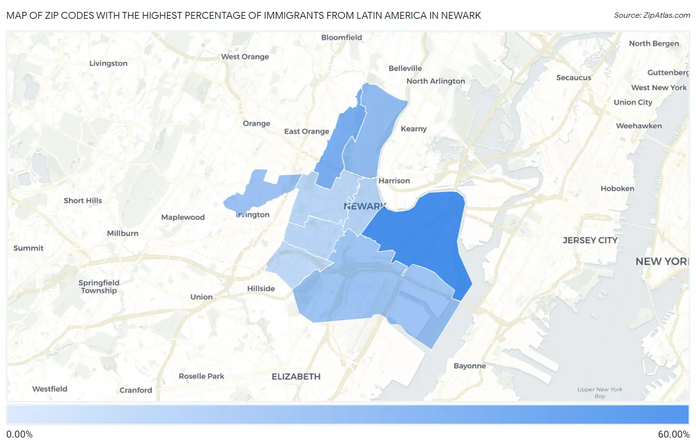 Zip Codes with the Highest Percentage of Immigrants from Latin America in Newark Map