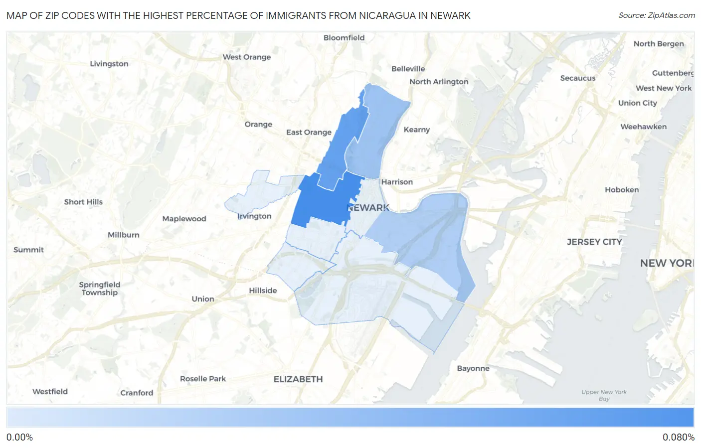 Zip Codes with the Highest Percentage of Immigrants from Nicaragua in Newark Map