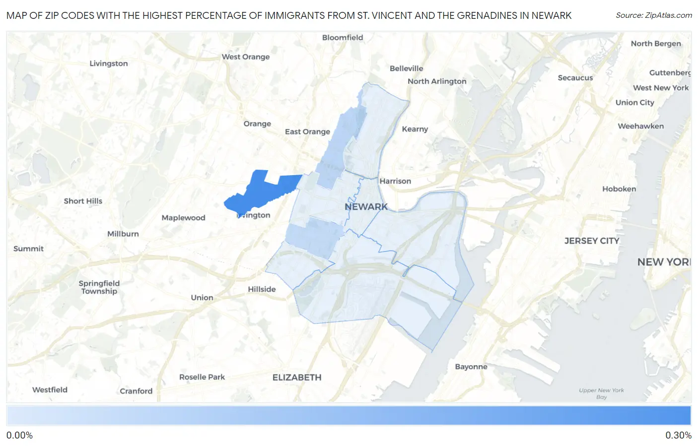 Zip Codes with the Highest Percentage of Immigrants from St. Vincent and the Grenadines in Newark Map