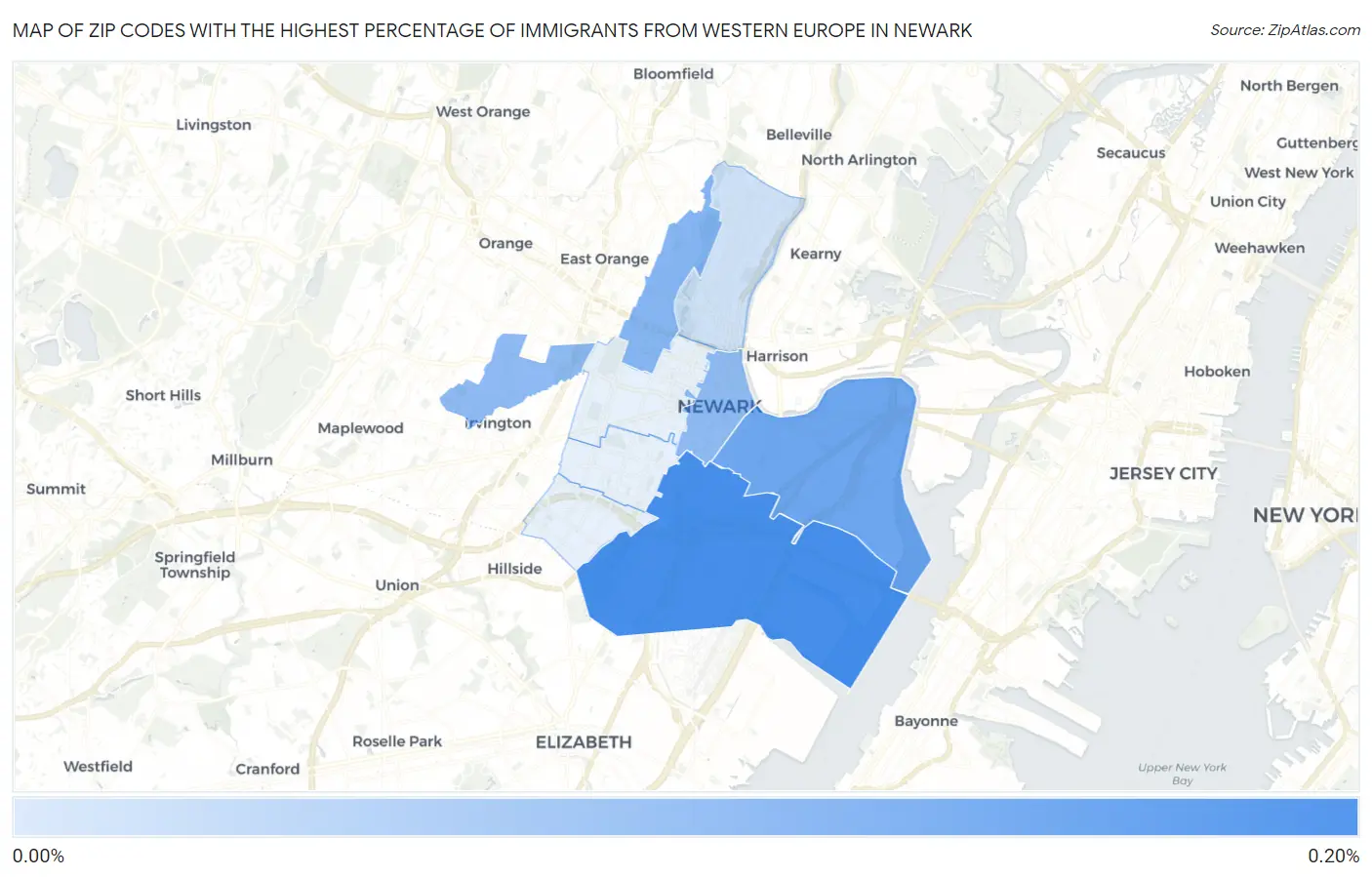 Zip Codes with the Highest Percentage of Immigrants from Western Europe in Newark Map
